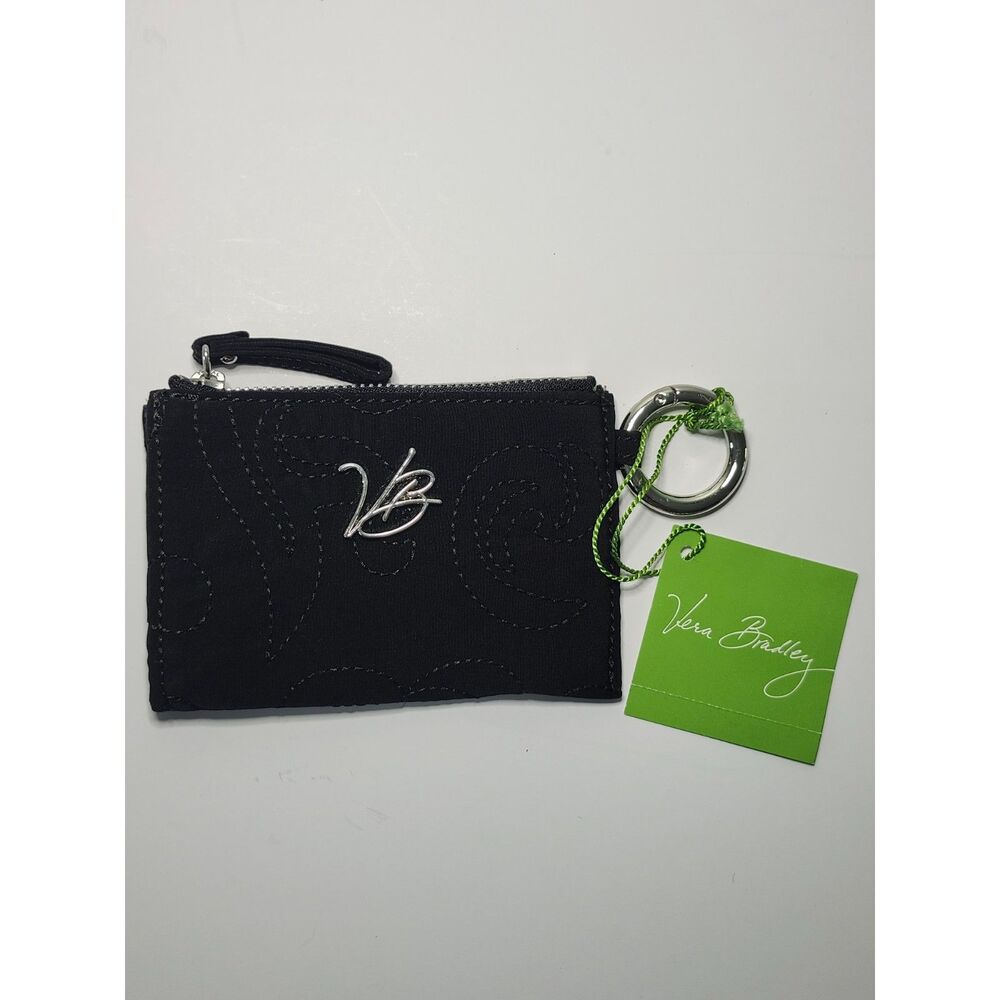 Vera Bradley Zip ID Black Silver Mini Slim Minimalist Keychain Card Holder NWT